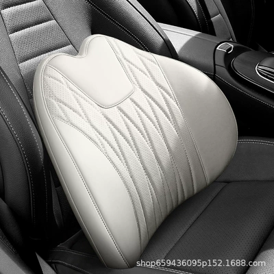 Headrest Car Lumbar Support Cushion - off-white-genuine-leather-lumbar-support-pillow-style-c-quilted-embroidered-upgraded-3d-full-support