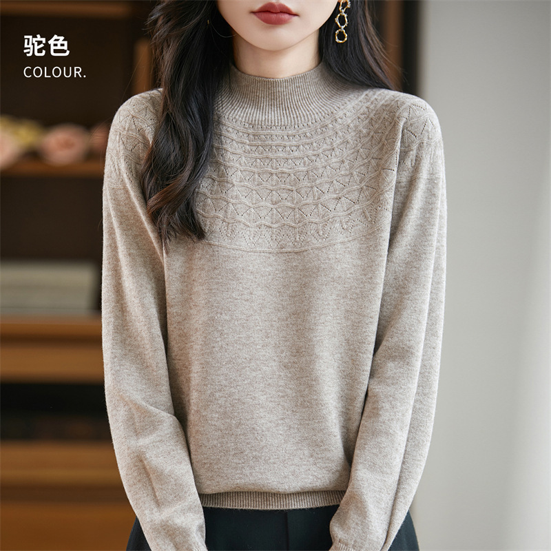 一线成衣镂空针织衫女秋冬新款内搭打底衫套头长袖无缝半高领毛衣|undefined