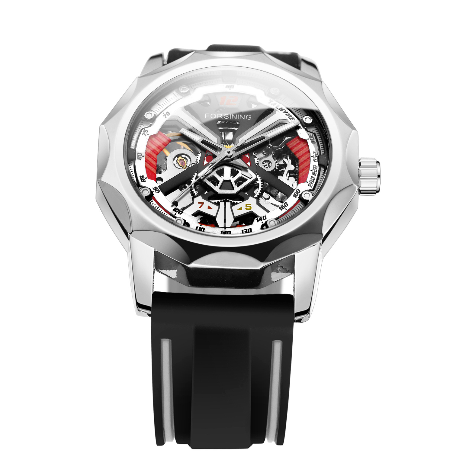 Orologio meccanico a carica manuale da uomo FORSINING con cinturino in gomma scheletrato e cassa trasparente._voghion.com