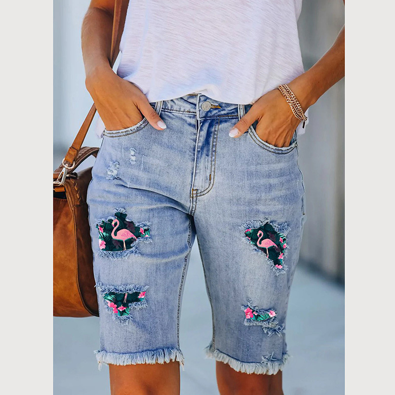 European and American Cross-border Amazon Women's Jeans Ripped Printed Flamingo Fashion Pants Casual 5-point Jeans