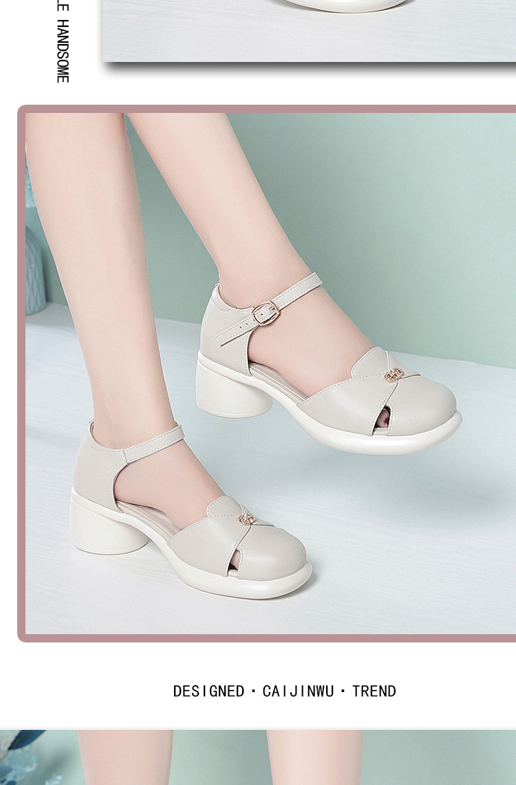 Sandal cao gót nữ quai ngang da bò thật, gót vuông ổn định, đế dày phong cách La Mã — Đen【Da bò lớp đầu】 chi tiết 13
