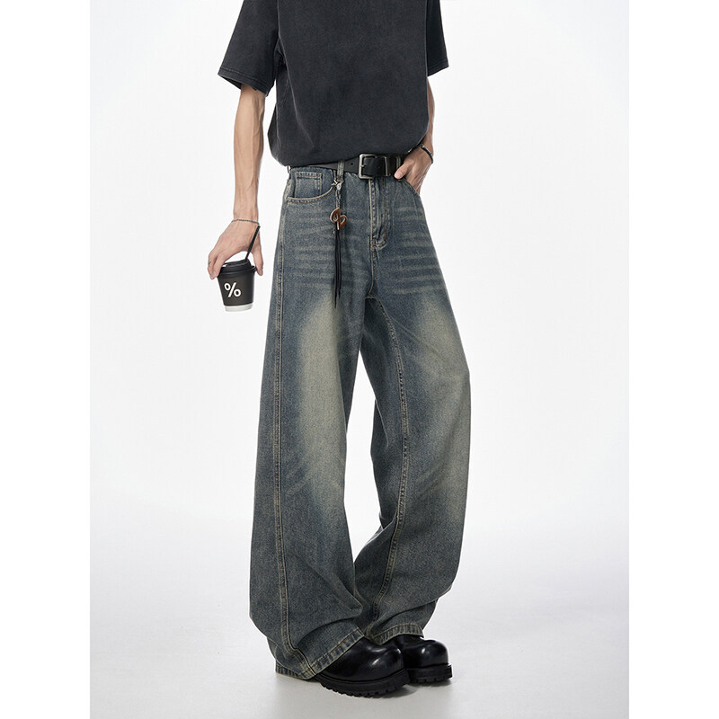 韩式休闲情侣裤子复古水洗宽松版型潮流男士高级感大码牛仔裤潮牌