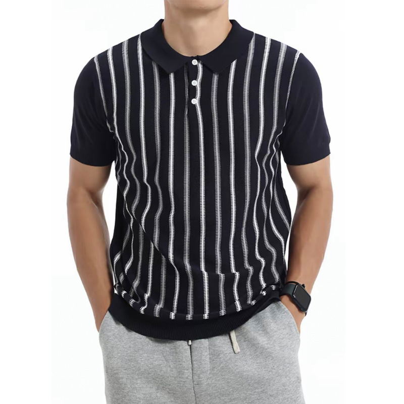 Polo camiseta de punto camiseta de manga corta camiseta de hombre solapa vertical rayas viejos negocios hielo seda fábrica transfronteriza al por mayor