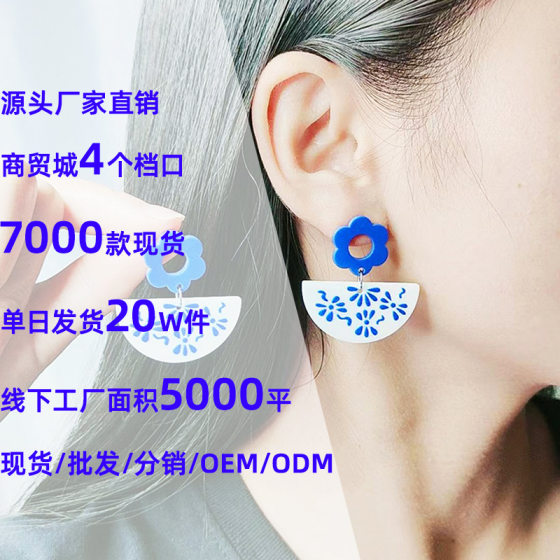 Foreign Trade Blue and White Porcelain Series Earrings Simple Fashion Acrylic Personality Printed Earrings Ear Jewelry for Women