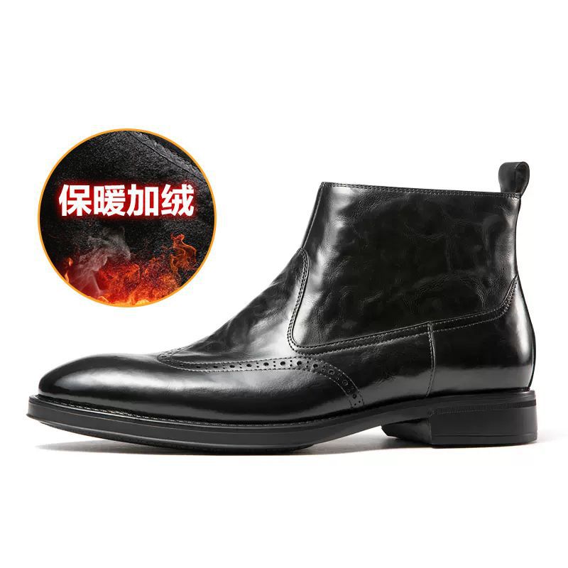 Boots Men's Mid-Cut Short Boots Korean Style Trendyy British Retro Sleeve High-Top Leather Shoes Fleece-Lined Men's Chelsea Boots