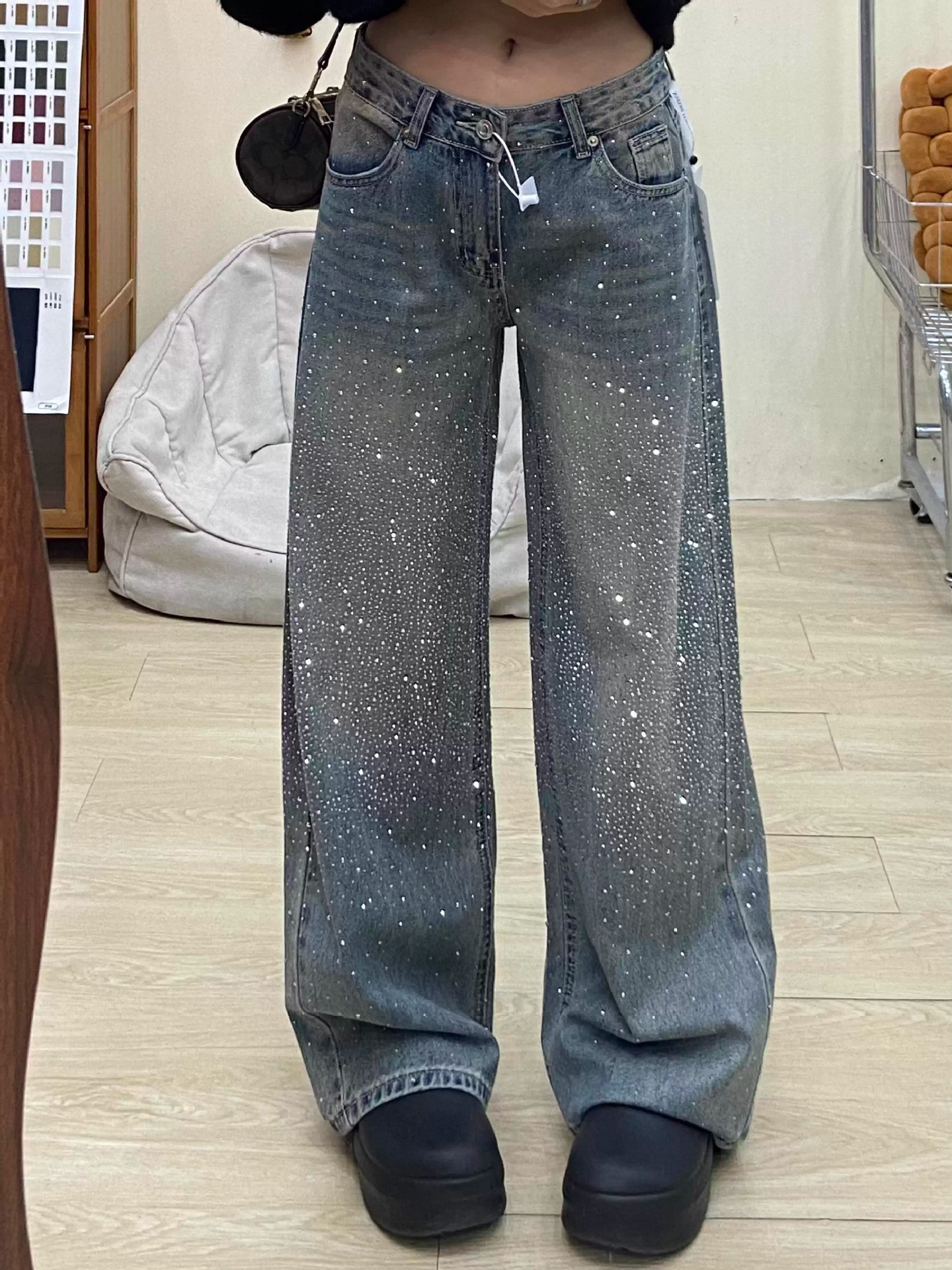 Women’S High-Waisted Flared Jeans – Winter Fleece-Lined Wide-Leg Denim Pants With Rhinestone Embellishments (S-2xl, Non-Stretch Cotton, Deep Blue)​_voghion.com