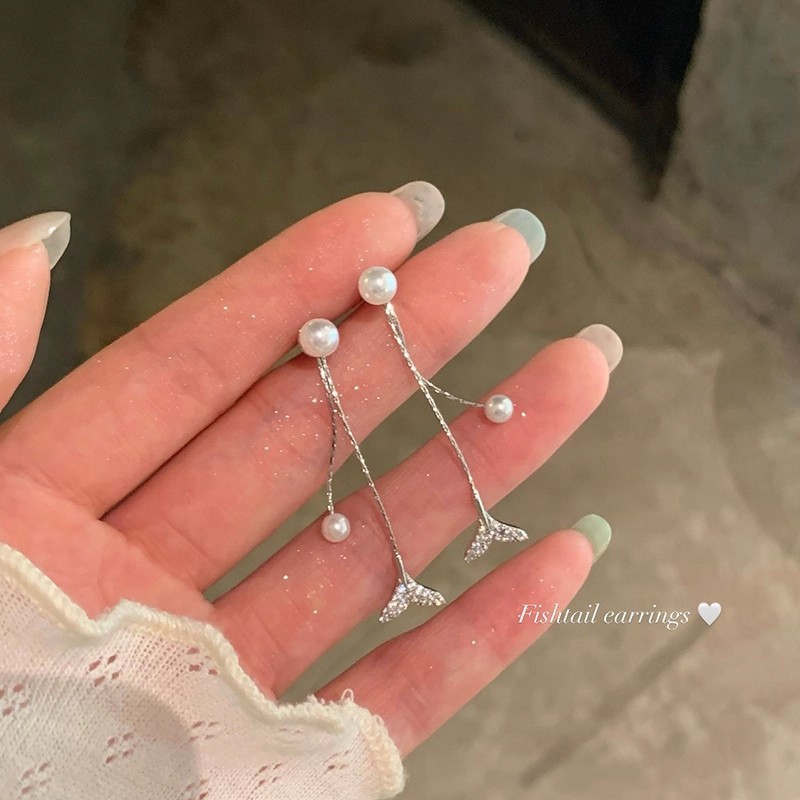 适合圆脸的两戴式耳饰鱼尾流苏珍珠耳钉女轻奢高级感气质大气耳环|undefined