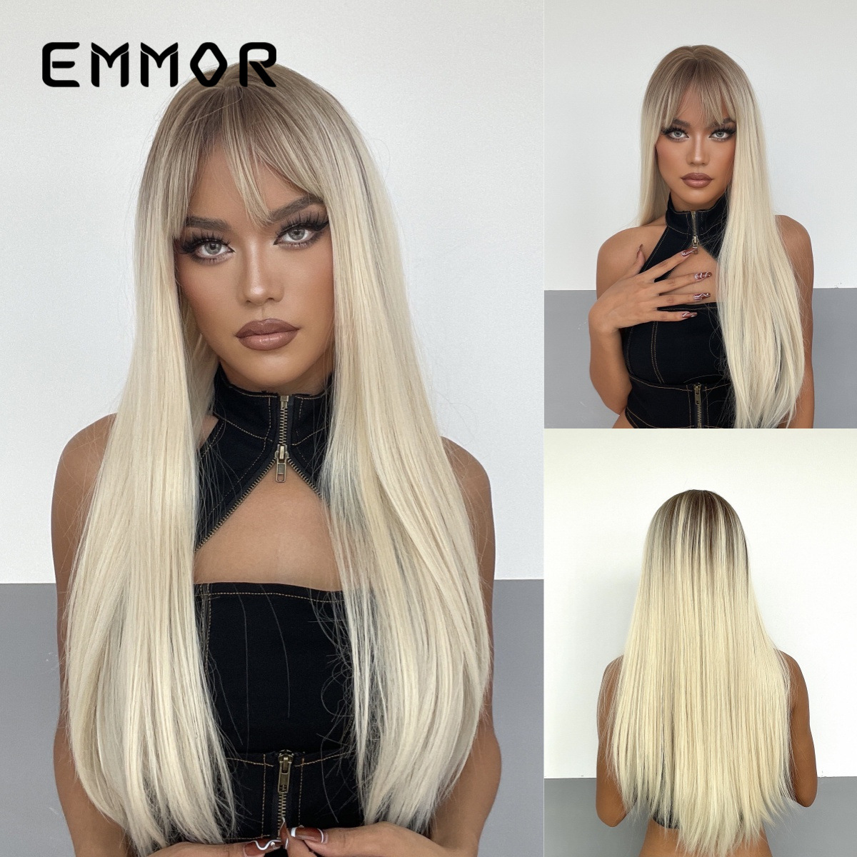 Nuevo Amazon transfronterizo bangs negro largo pelo recto fibra química pelo mate seda de alta temperatura europea y americana peluca femenina cubierta de la cabeza completa