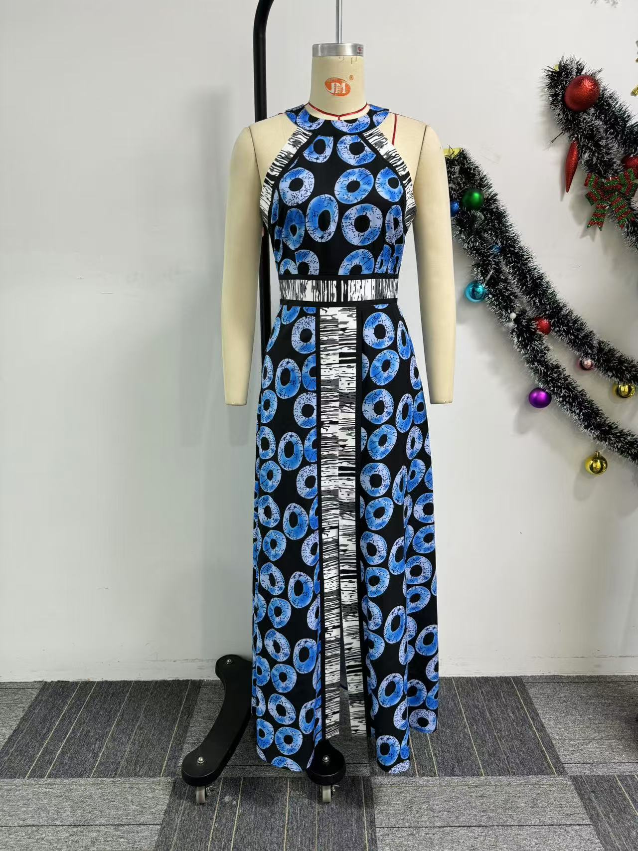 Women's Printed A-line Dress With Fitted Waist And Front Slit_voghion.com