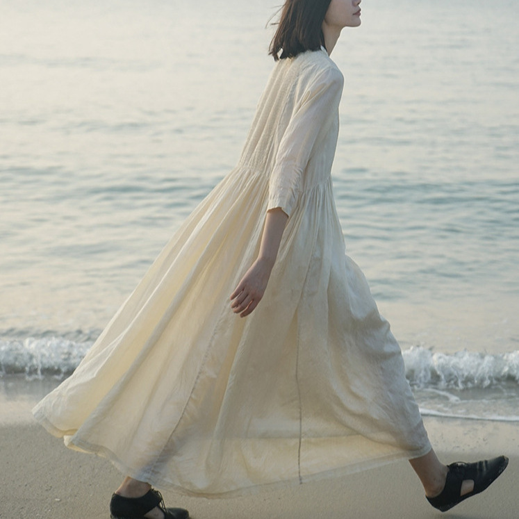 2026 Spring/Summer Women's Heavy-Duty Ramie Pleated Double-Layer Oversized Dress Loose Zen-Style Fine Pleated Robe