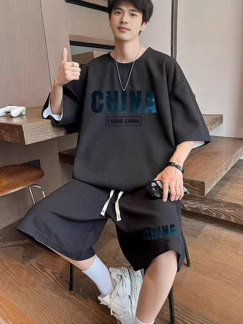 Camisas menos ropa verano para hombres nuevo waffle traje de manga corta deportes casuales de dos piezas en uno guapo y suelto