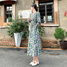 跨境韩国春夏秋季长款出口洋装雪纺印花波西米亚碎花长袖连衣裙女