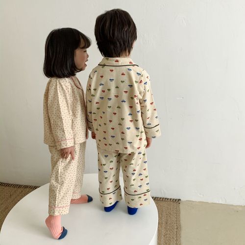 Korean children's clothing children's spring and autumn Korean version pure cotton brushed pajamas set boys and girls baby home clothes two-piece set