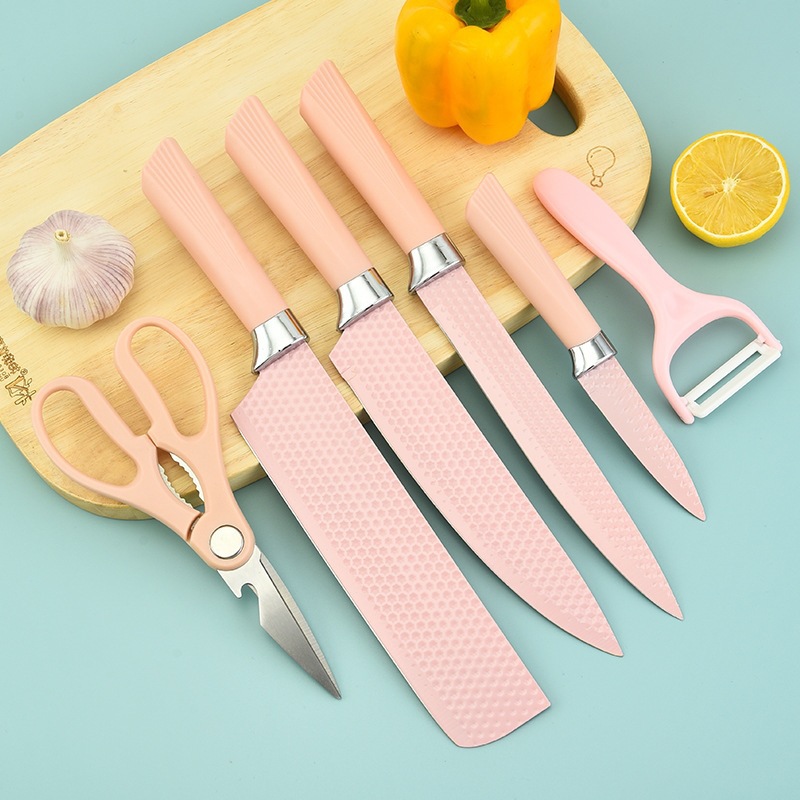 Inventario al por mayor nuevo acero inoxidable pulverizado rosa hexagonal diamante vieillez mango de seis piezas conjunto de herramientas de cocina