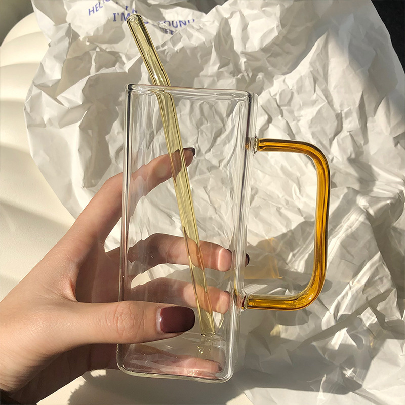 Taza de vidrio cuadrada al por mayor taza de té separada taza de agua de paja transparente taza de vidrio de silicona alta temperatura