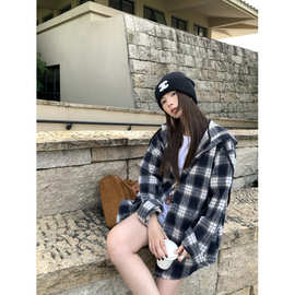 韩版设计感休闲连帽格子衬衫毛呢外套女秋冬季慵懒风宽松长袖衬衣