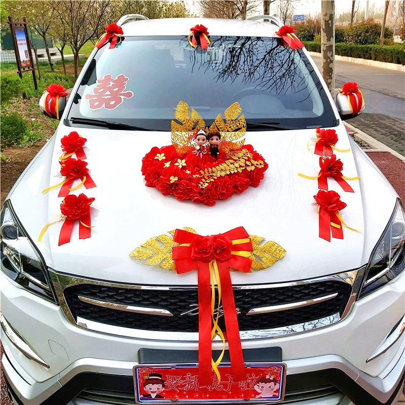 主婚車裝飾套裝結婚紅金花車車頭仿真花車結婚車隊布置新款批發