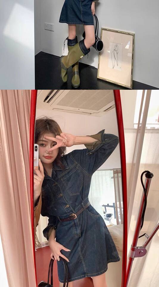 Đầm denim nữ dáng chữ A cổ polo tay dài chiết eo phong cách retro — Váy ngắn denim xanh chi tiết 4