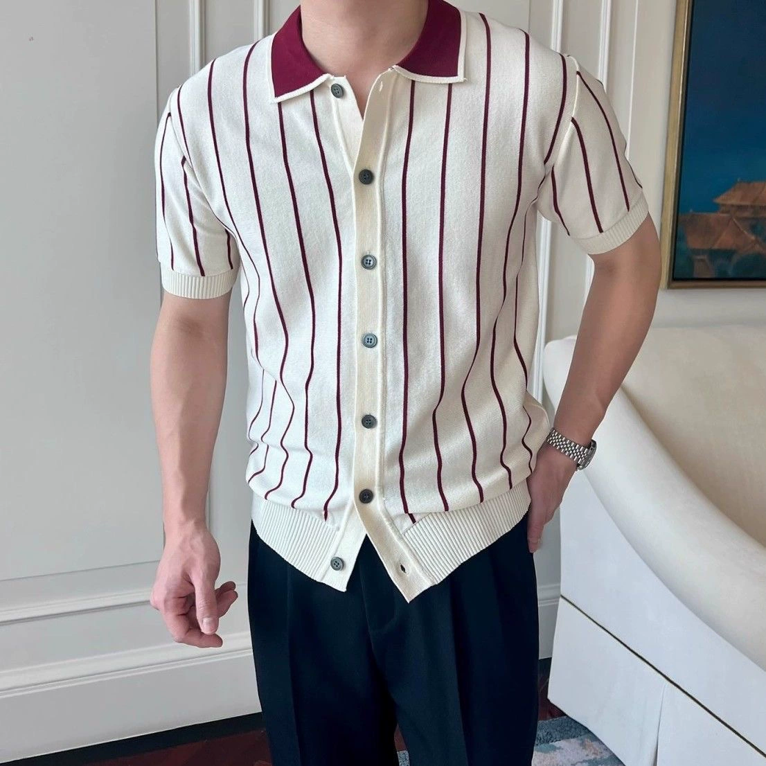 Рубашка POLO с отворотом и короткими рукавами вязаный свитер мужской кардиган в полоску тонкое ледяное шелк летом внешняя торговля