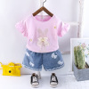 Children's summer set, lace sleeves, cartoon cute rabbit with bow, with short sleeve, season 2021, children's clothing