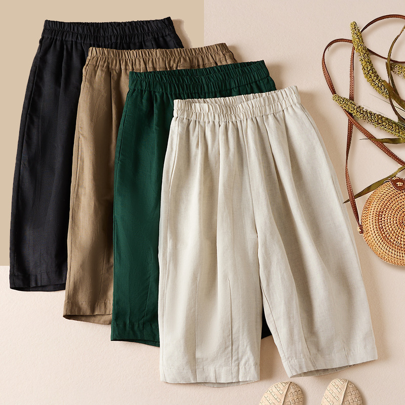 2025 Summer Thin Cotton and Linen High Waisted Loose Slim Harem Pants Casual Quarter Shorts for Women # 2264