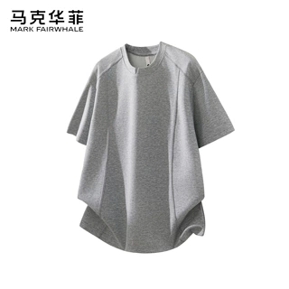 马克华菲专版短袖T恤男士夏季纯色拼接圆领宽松五分袖体恤衫潮流