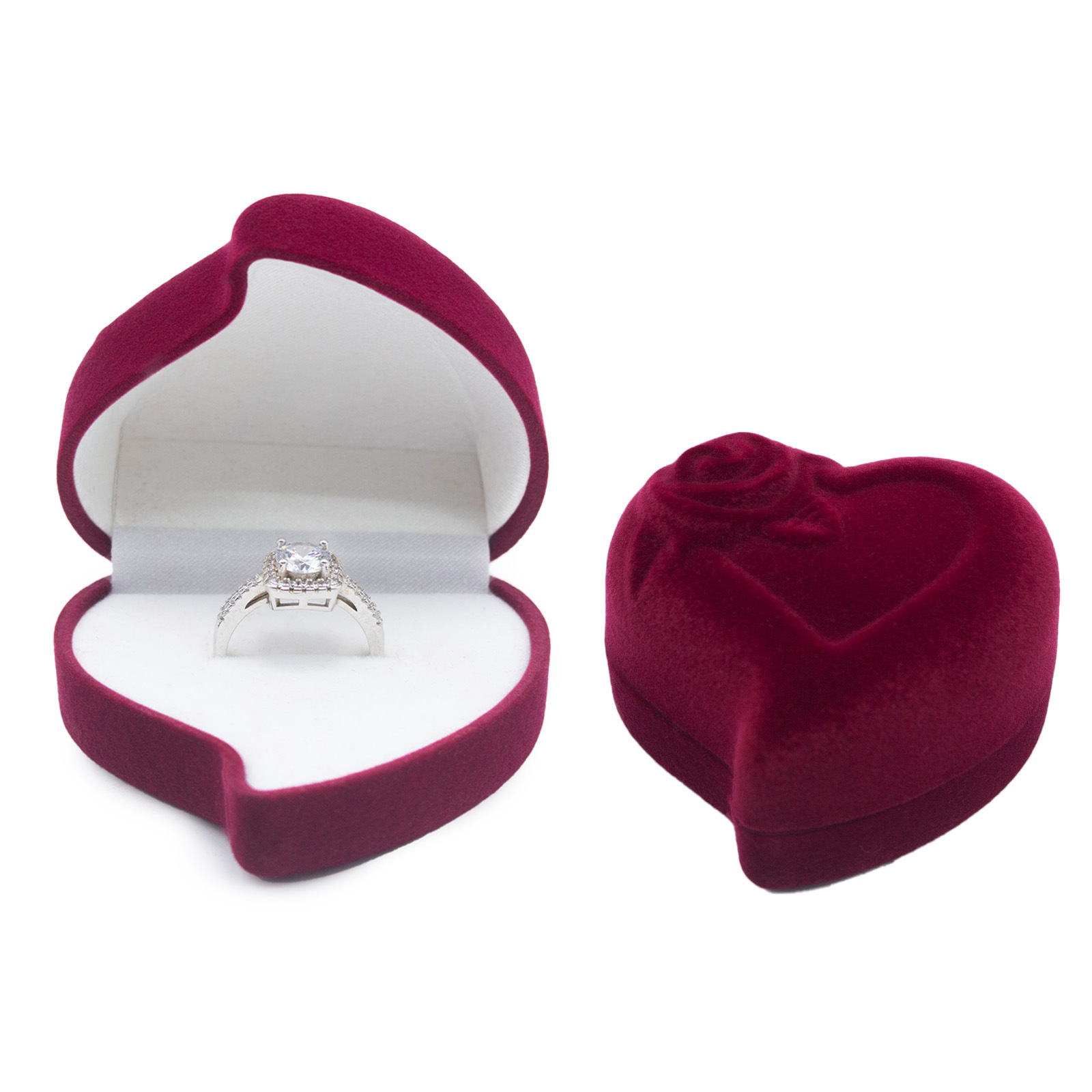 Caja para anillo individual con forma de corazón, flor o melocotón, con exterior burdeos y interior blanco; 60*60*40mm