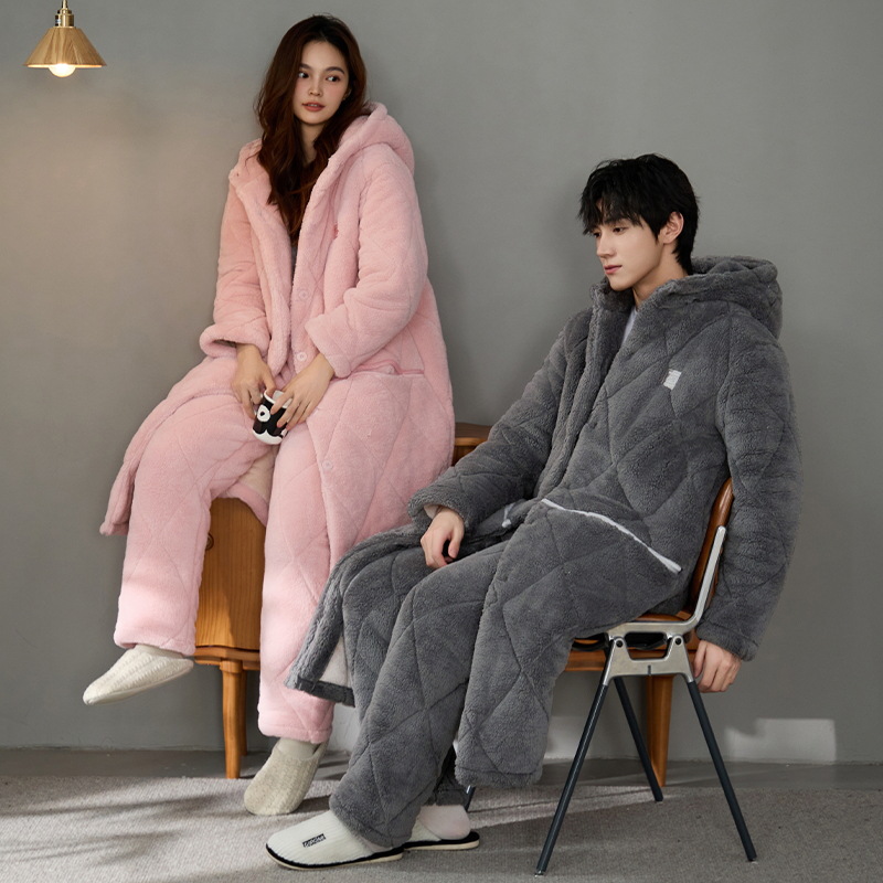 Super grueso chaqueta de algodón de tres capas, pijama de pareja de mujer, ropa de hogar de hombre, otoño y invierno, terciopelo de coral, calentamiento más grueso