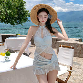 分体泳衣女出纯色性感裙比基尼三件套保守遮肉显瘦防晒温泉度假风