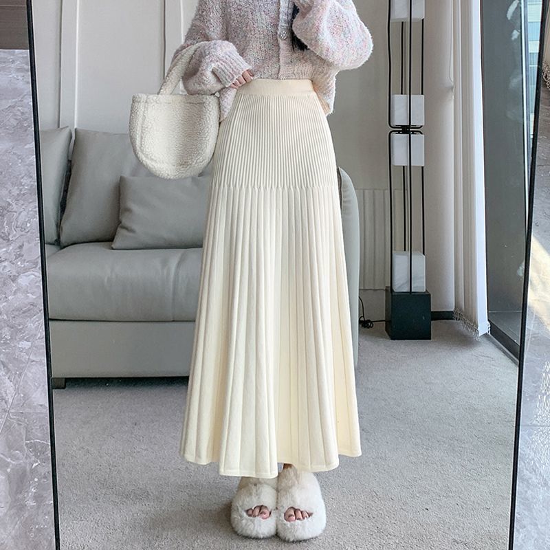 针织百褶半身裙女秋冬2025新款松紧高腰显瘦垂感a字包臀鱼尾长裙|undefined