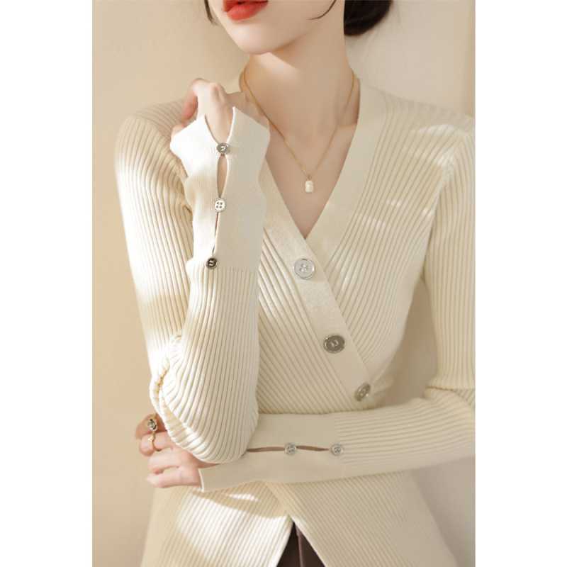 Winter V-neck fashionable button design slim fit knit sweater, 2026 new style, split hem, long sleeves, versatile top
