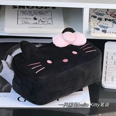 最新可愛HelloKitty黑色筆袋日系凱蒂貓毛絨卡通學生筆袋收納袋