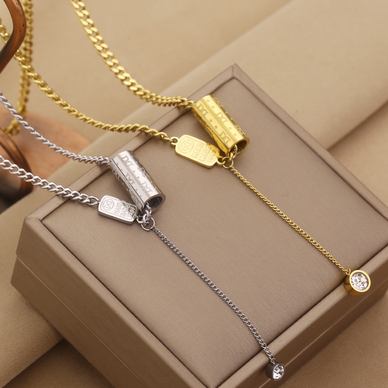 17g Weight Rhinestones Inlay Material Necklace Classification curb chain Chain Type Fashion Letter Titanium Steel Inlay Rhinestones Necklace
