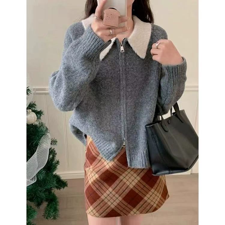 素色左岸慵懒风宽松紫色拉链翻领毛衣外套女秋季新款显瘦针织开衫|undefined