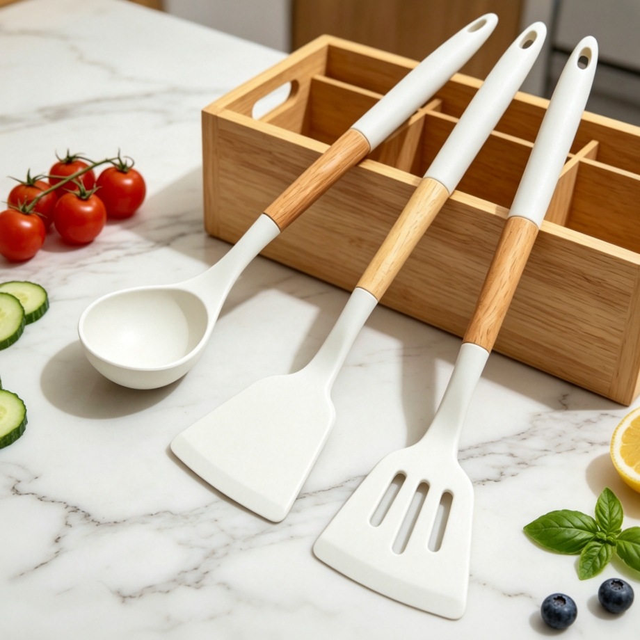 Kaymaz Uçlu Ahşap Saplı Silikon Mutfak Eşyası Tencere Kepçesi Seti Mutfak Aletleri Pişirme Wok Spatulası Çorba Kaşığı Kepçe Seti
