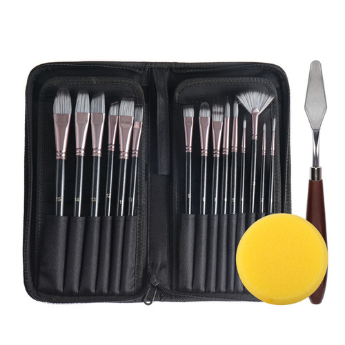 Amazon Cross-border 15-piece canvas paint brush set with nylon hair watercolor and tempera paint brushes, including a scraper and sponge