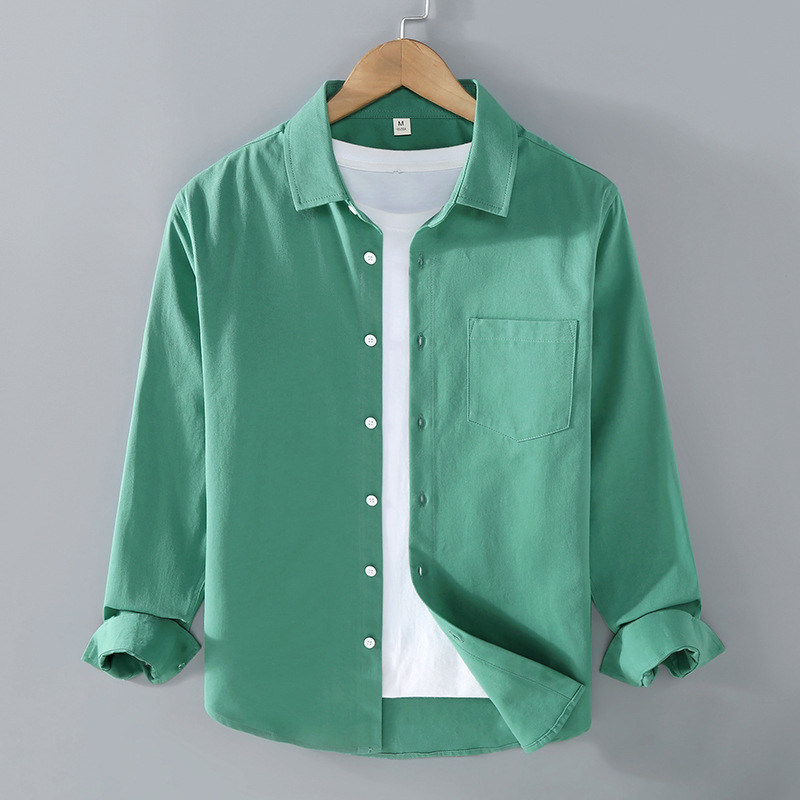 2338 American-Style Heavyweight Long-Sleeved Shirt for Men, Spring & Fall, Pure Cotton, High-End Casual, Pure Color, White Lapel Shirt, Retro