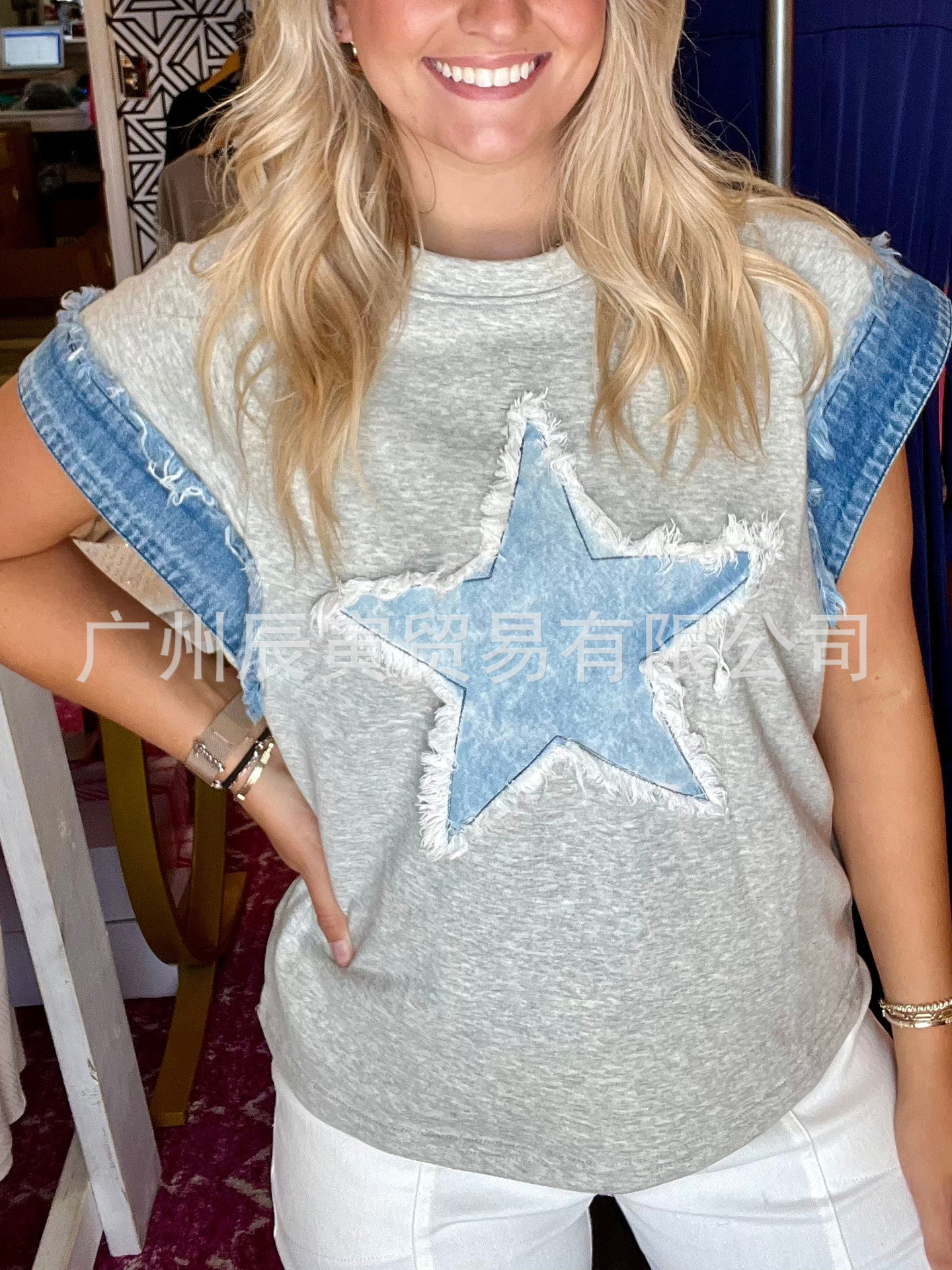 ins新款欧美春夏女士棉牛仔星星贴布水洗圆领宽松T恤