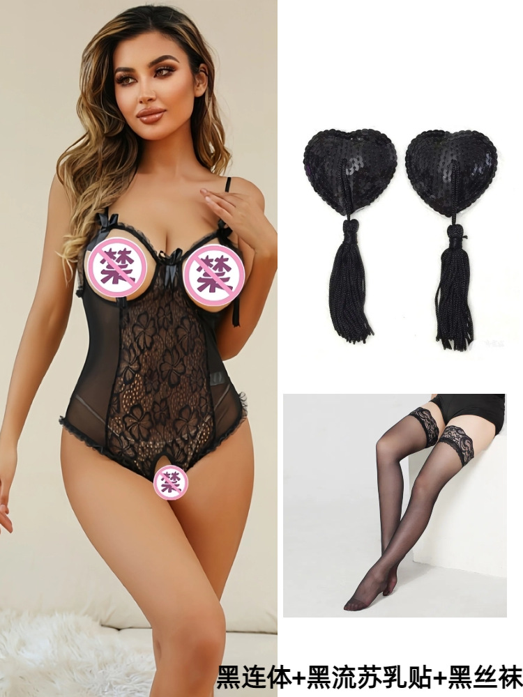 Black nipple stickers with tassels, tights