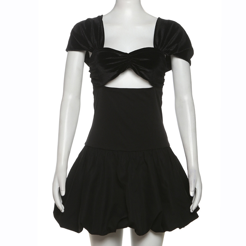 Spring Women Clothing Elegant High Grade Suede Short Sleeve Tube Top Hollow Out Cutout Bubble Splicin
