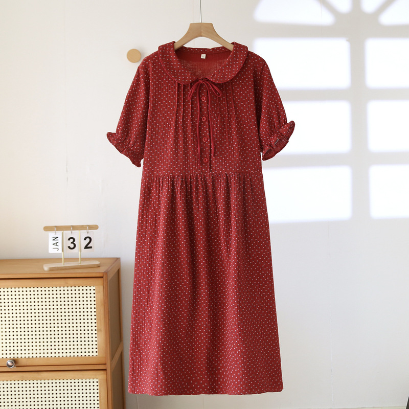 Summer Thin Women's Cotton Short-sleeved Doll Collar Dress Simple plus size Double-layer Gauze Princess Dress Home Pajamas