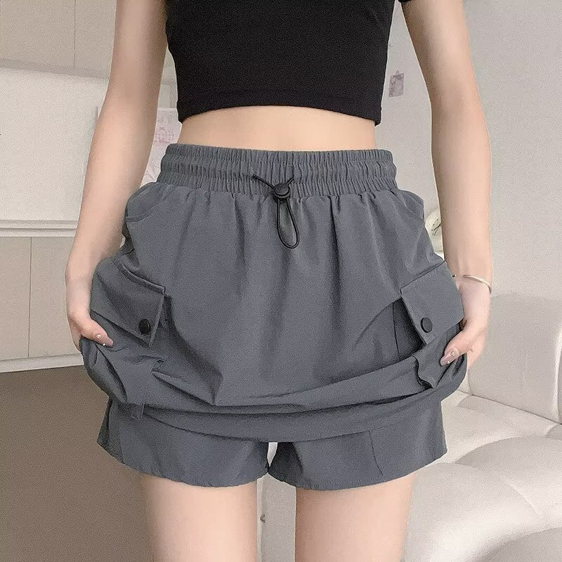 Quick-drying Tooling Skirt Women's Summer 2024 New High Waist A- line Small Slim American-style Gray Short Culottes