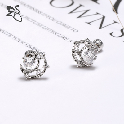 Korean Edition 2021 new pattern Geometric Backing Simplicity Moon Diamond Titanium Ear Studs Small temperament Metal Earrings