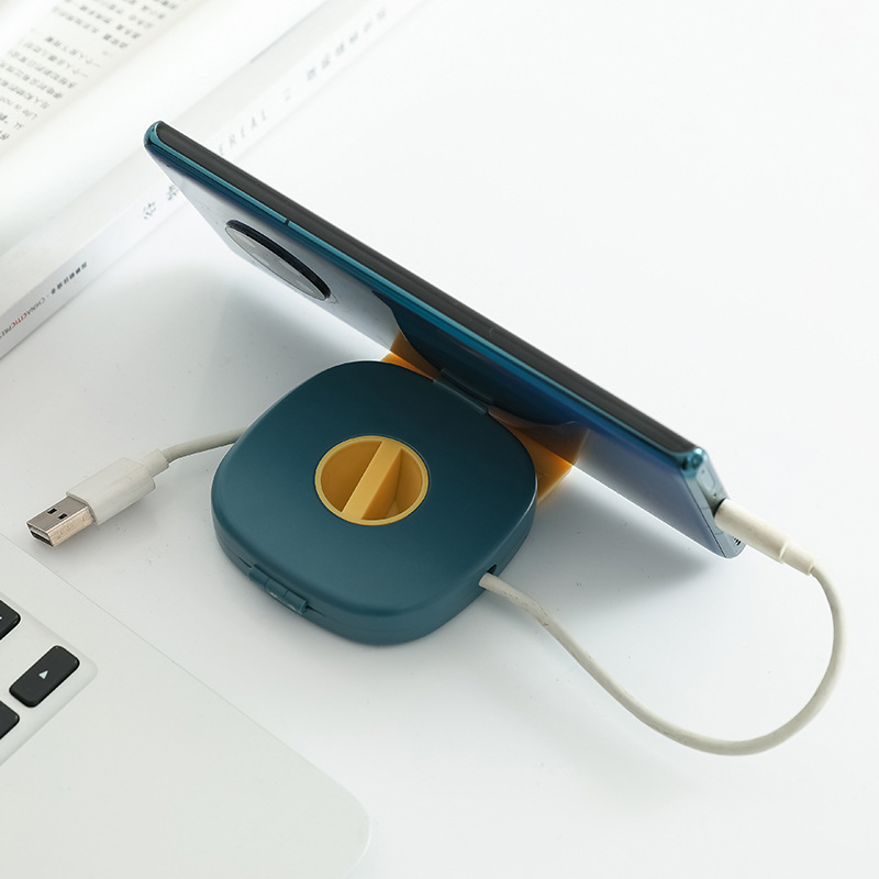 Caja de almacenamiento de cable de datos de cable de auricular cuadrado portátil con soporte para teléfono móvil Cable de carga de auriculares multifuncional Winder