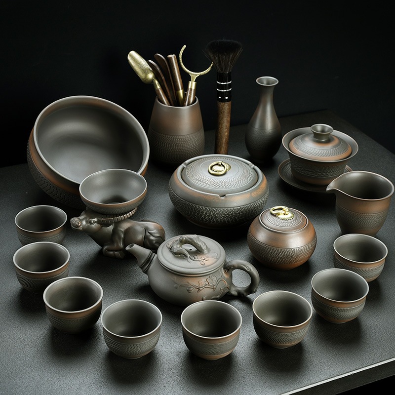 建水紫陶功夫茶具套装家用客厅复古陶瓷茶壶紫砂茶杯礼盒整套批发