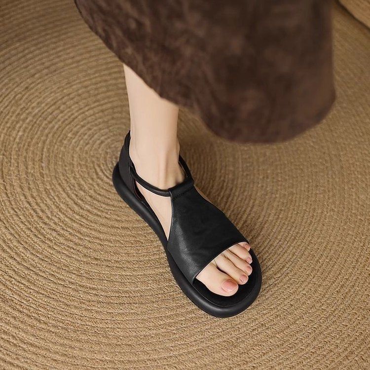 Sandalias francesas con suela plana para mujeres de verano para viajar versátil no se cansa pies retro dedos descubiertos zapatos casuales romanos con suela gruesa