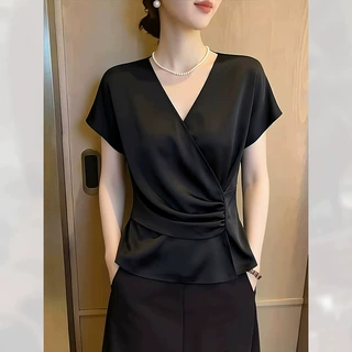 精致高级感V领褶皱短袖衬衫女装夏季2026年新款薄款独特别致小衫