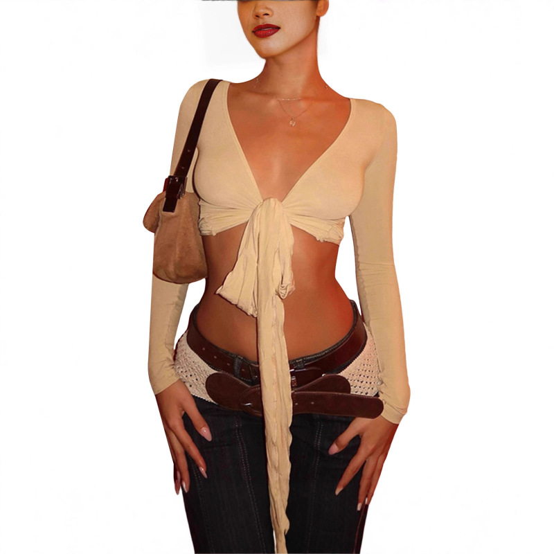 Amazon's New Foreign Trade Style: Unique and Sexy Deep V-Neck Design with Exposed Chest, Lace-Up Style, Figure-Flattering Crop Top Cardigan for Women Amazon's New Foreign Trade Style: Unique and Sexy Deep V-Neck Design with Exposed Chest, Lace-Up Style, Figure-Flattering Crop Top Cardigan for Women