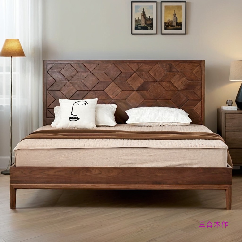 North American Black Walnut Rubik's Cube Bed Modern Simple Scandinavian Solid Wood Bedroom Furniture Cherry Wood Master Bedroom Double Bed