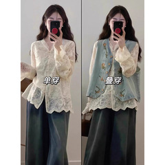 大きいサイズの太ったmmの刺繍入りシャツ、ベスト、ジーンズの重ね着、高級レトロな3点セットを備えた春服